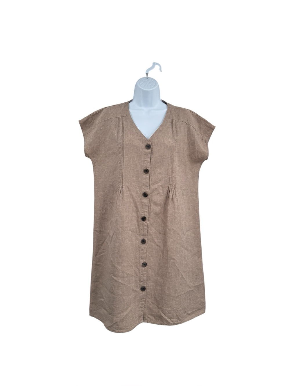 J. Jill Love Linen Button-Front Short Sleeve 100% Linen Dress Sz S Saddle Khaki